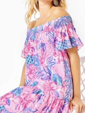 💗 Lilly Pulitzer Sz L Dezi Off The Shoulder Maxi Dress Pink Isle Snappy Turtle 💗